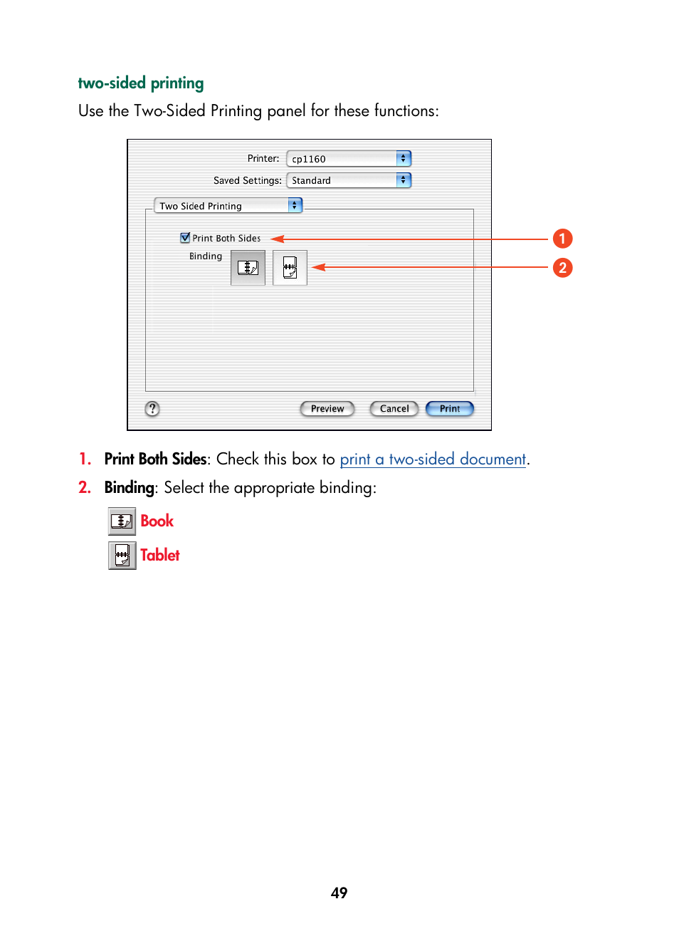 Two-sided printing | HP Color Inkjet cp1160 Printer series User Manual | Page 57 / 216