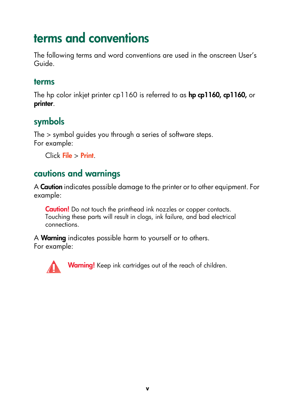 Terms and conventions, Terms, Symbols | Cautions and warnings | HP Color Inkjet cp1160 Printer series User Manual | Page 6 / 216