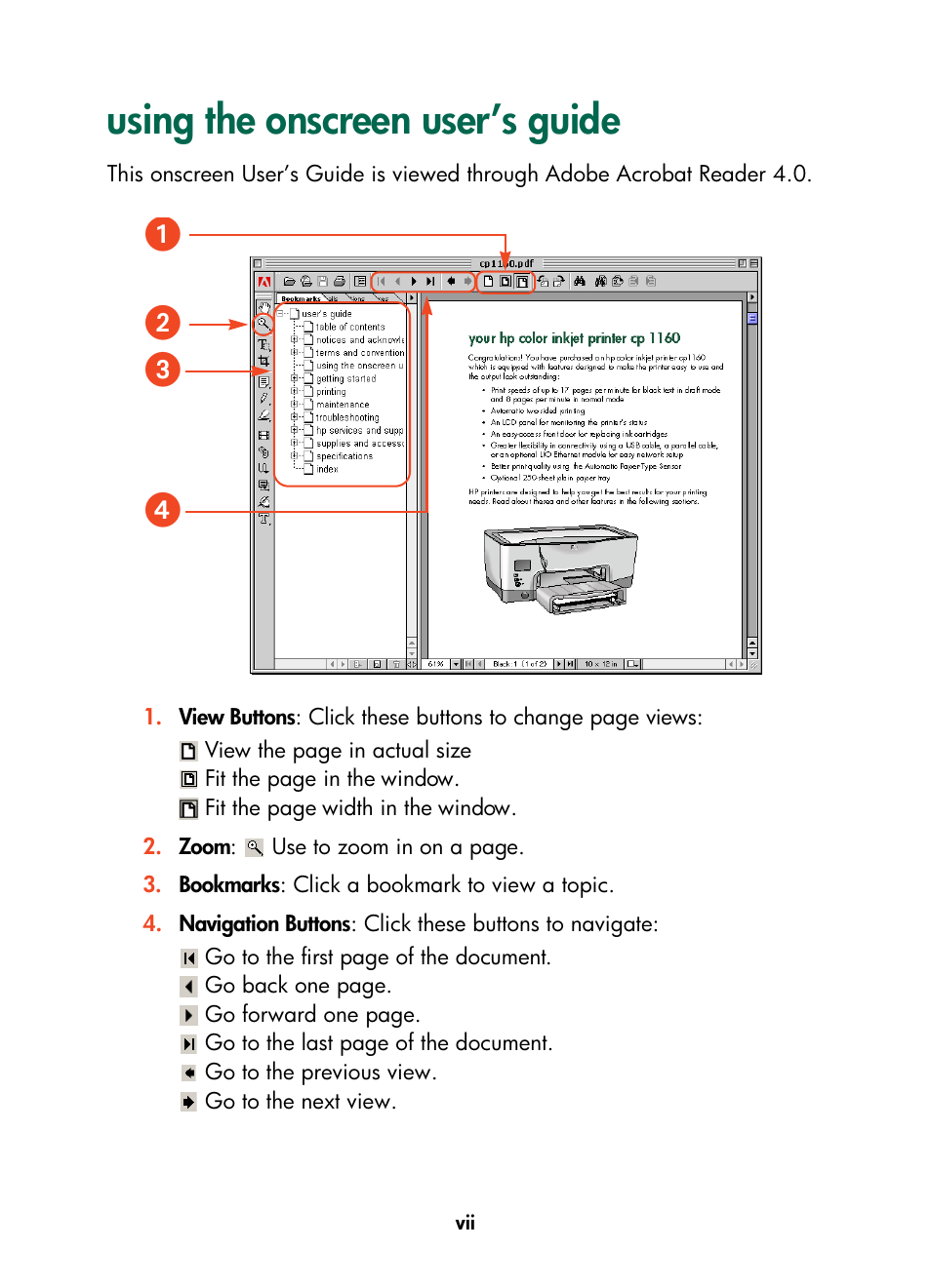 Using the onscreen user’s guide, ᕣᕤ ᕡ ᕢ | HP Color Inkjet cp1160 Printer series User Manual | Page 8 / 216