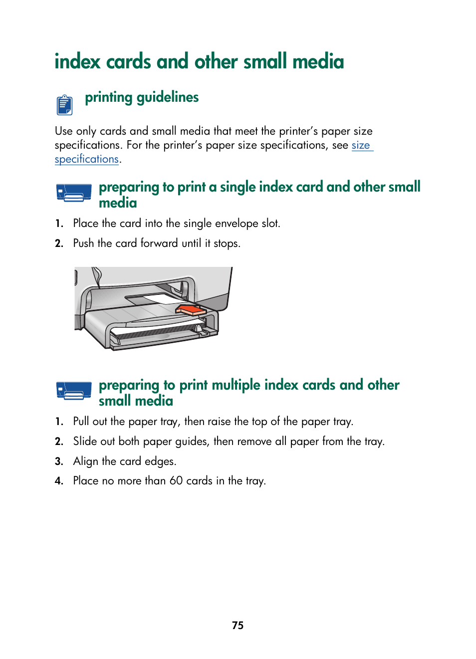 Index cards and other small media, Printing guidelines | HP Color Inkjet cp1160 Printer series User Manual | Page 83 / 216