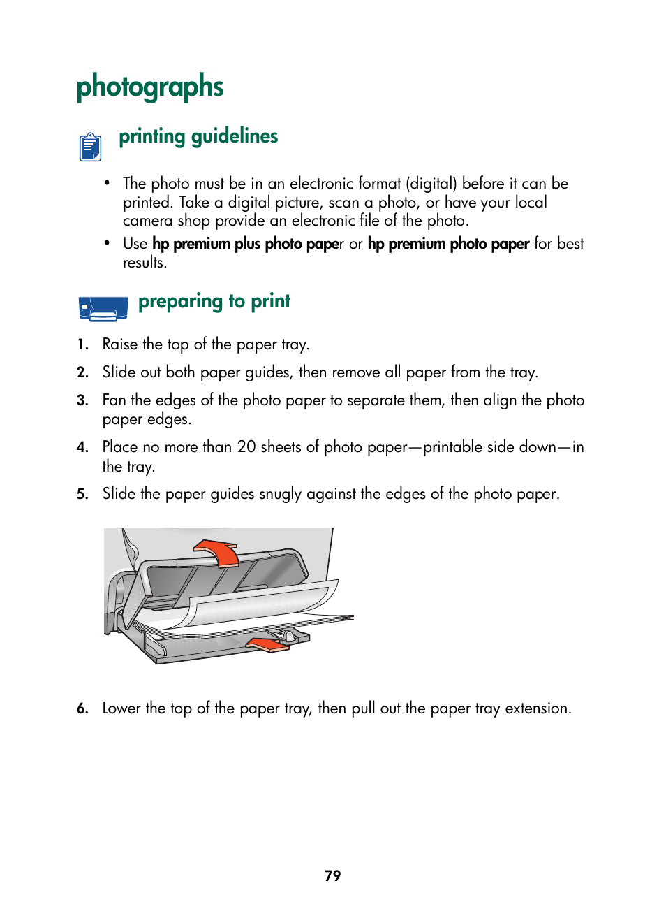 Photographs, Printing guidelines, Preparing to print | Printing guidelines preparing to print | HP Color Inkjet cp1160 Printer series User Manual | Page 87 / 216