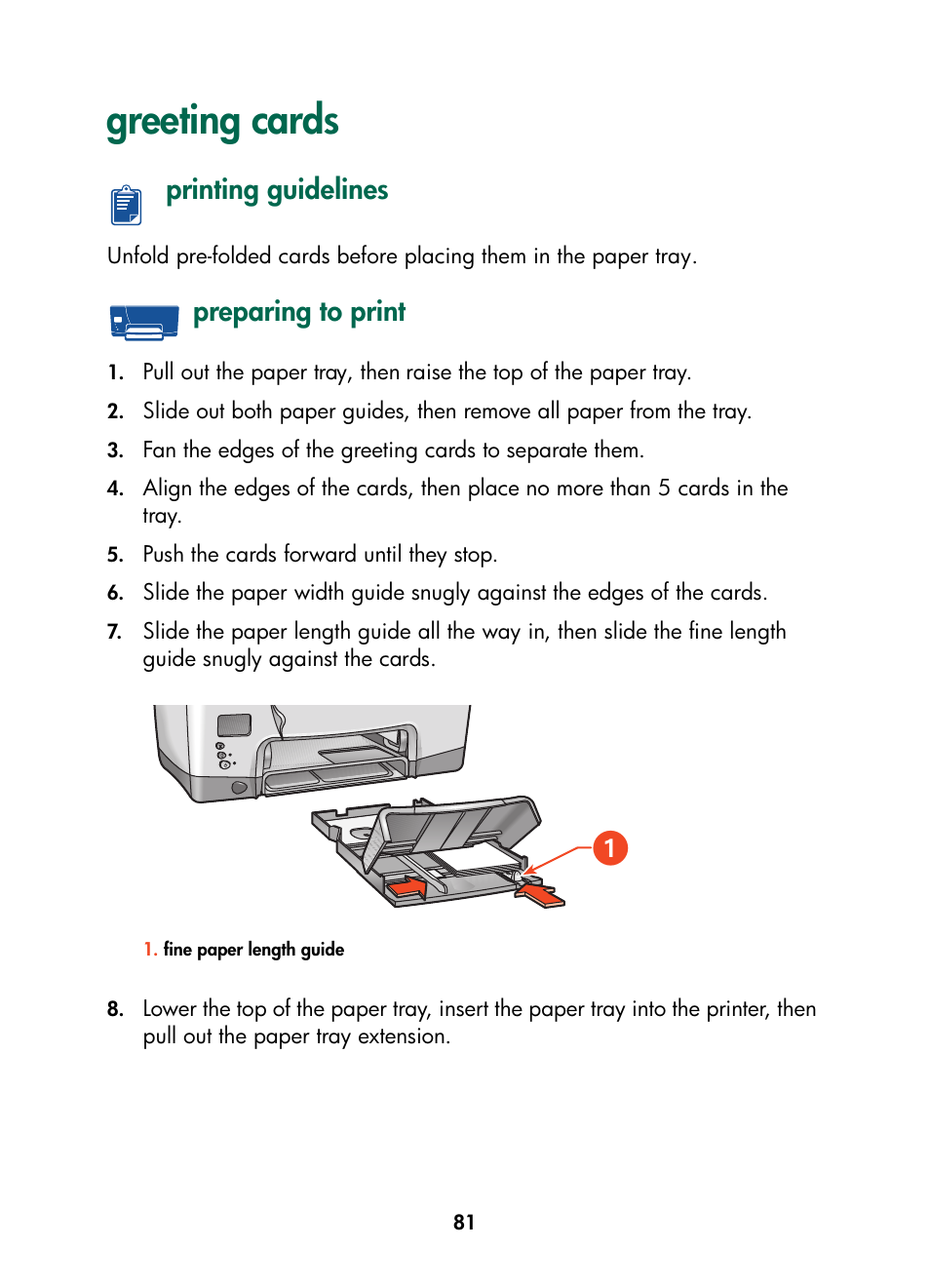 Greeting cards, Printing guidelines, Preparing to print | Printing guidelines preparing to print | HP Color Inkjet cp1160 Printer series User Manual | Page 89 / 216