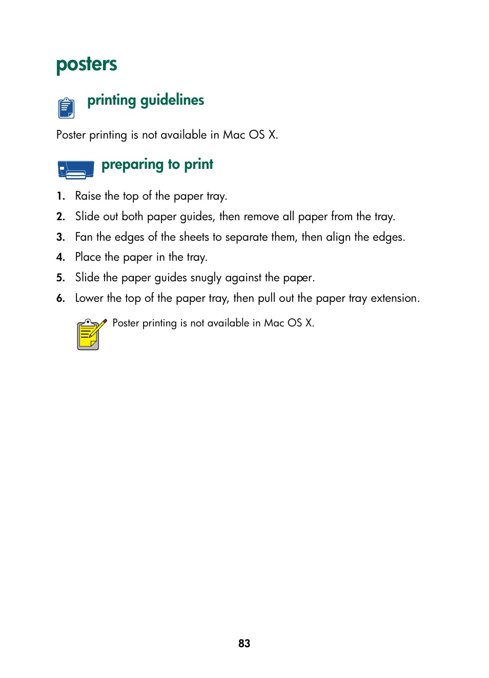 Posters, Printing guidelines, Preparing to print | Printing guidelines preparing to print | HP Color Inkjet cp1160 Printer series User Manual | Page 91 / 216