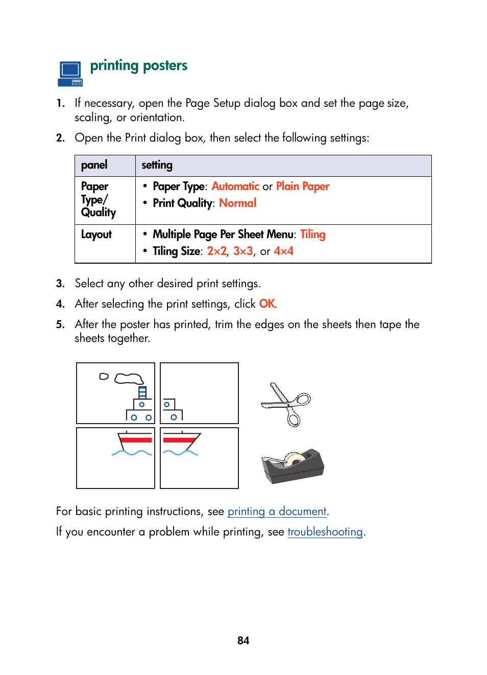 Printing posters | HP Color Inkjet cp1160 Printer series User Manual | Page 92 / 216