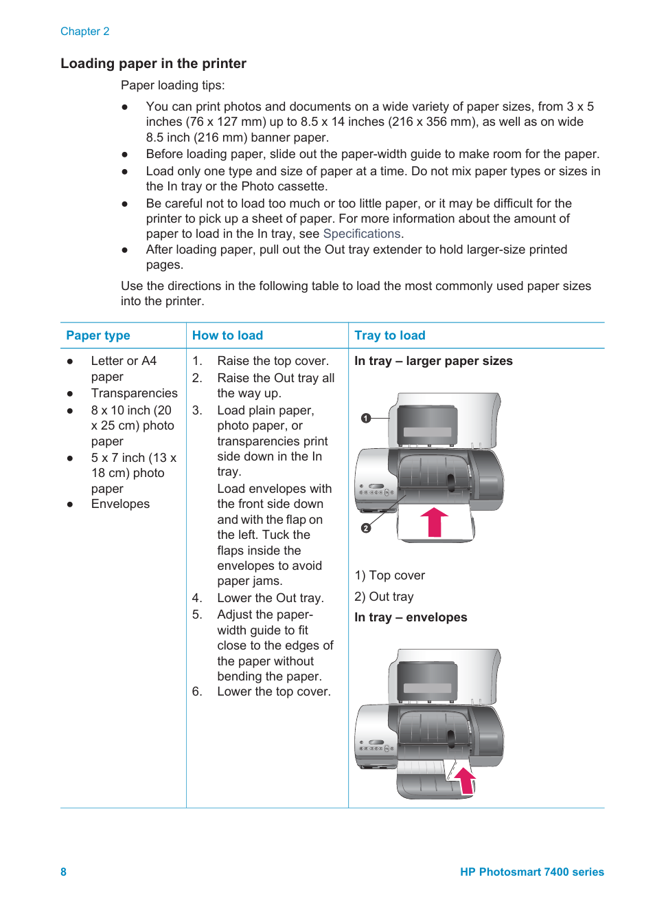 Loading paper in the printer | HP Photosmart 7450 Photo Printer User Manual | Page 10 / 51