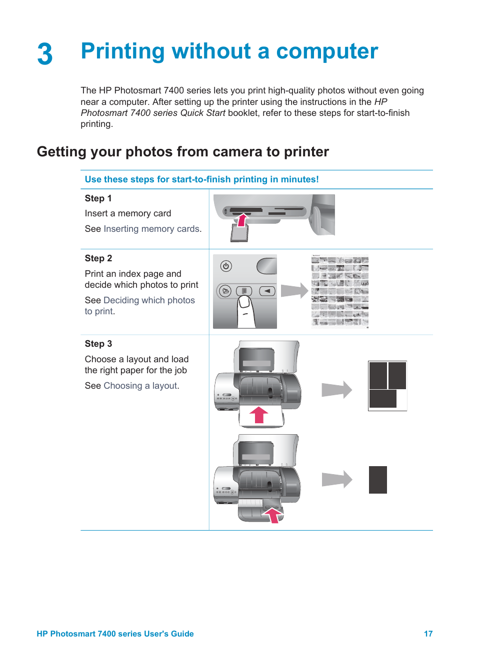 Printing without a computer, Getting your photos from camera to printer | HP Photosmart 7450 Photo Printer User Manual | Page 19 / 51