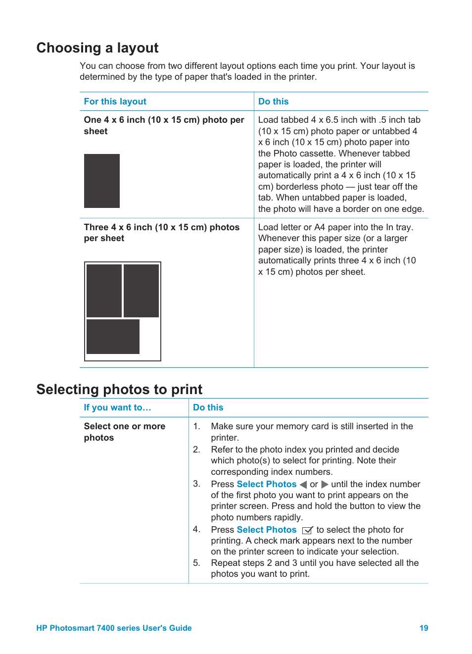 Choosing a layout, Selecting photos to print, Choosing a layout selecting photos to print | HP Photosmart 7450 Photo Printer User Manual | Page 21 / 51
