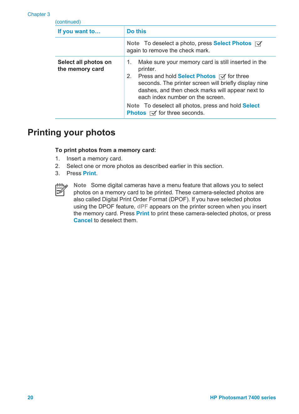 Printing your photos | HP Photosmart 7450 Photo Printer User Manual | Page 22 / 51
