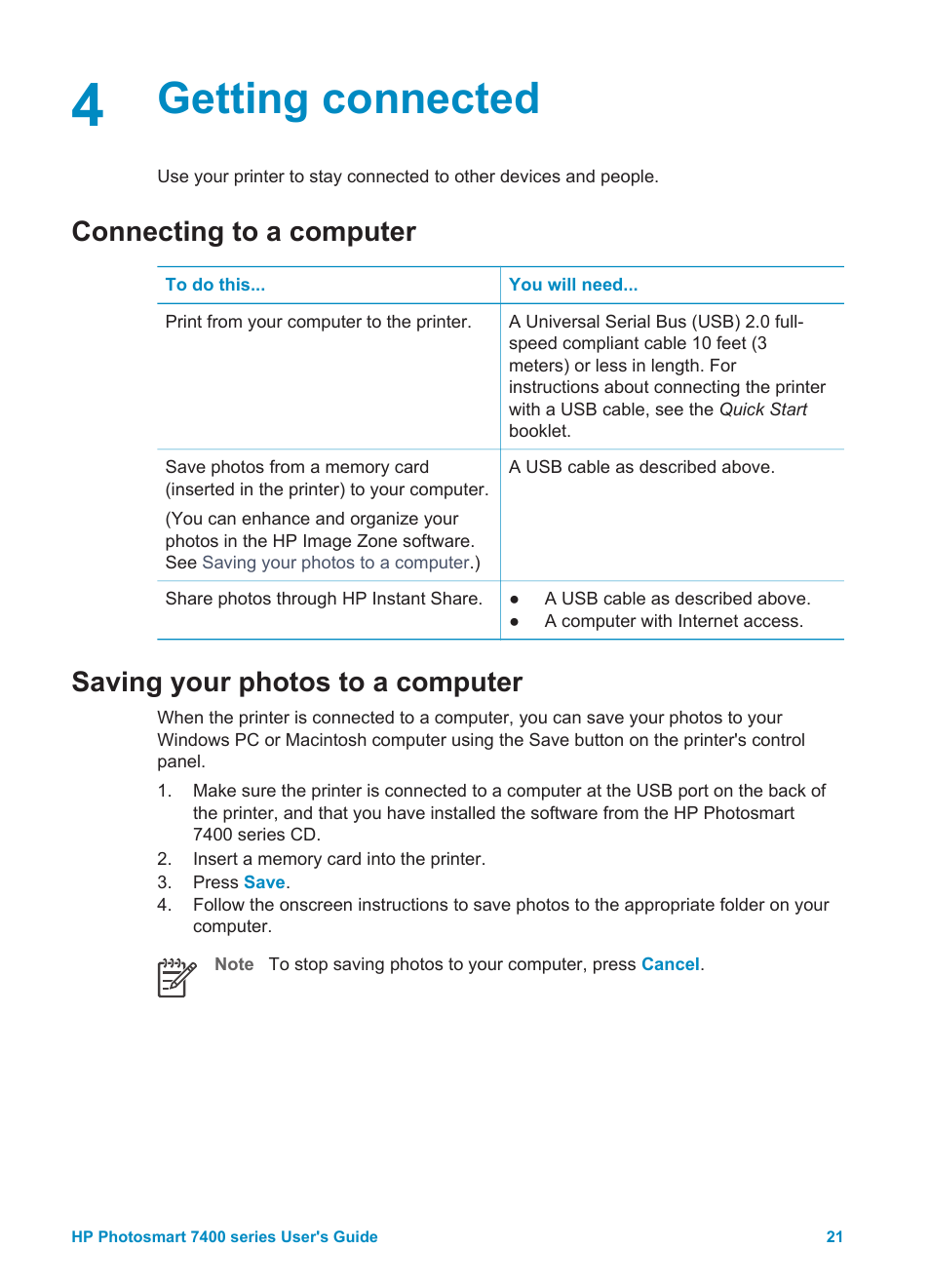Getting connected, Connecting to a computer, Saving your photos to a computer | HP Photosmart 7450 Photo Printer User Manual | Page 23 / 51