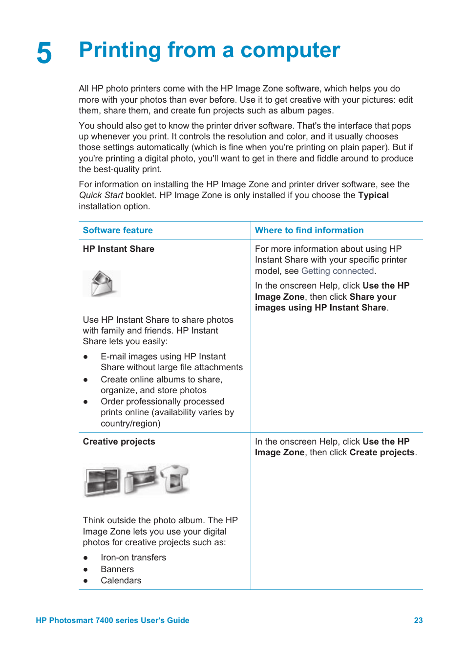 Printing from a computer, Printing from, A computer | HP Photosmart 7450 Photo Printer User Manual | Page 25 / 51