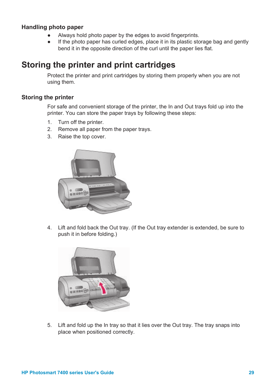 Handling photo paper, Storing the printer and print cartridges, Storing the printer | Storing the printer storing the print cartridges | HP Photosmart 7450 Photo Printer User Manual | Page 31 / 51