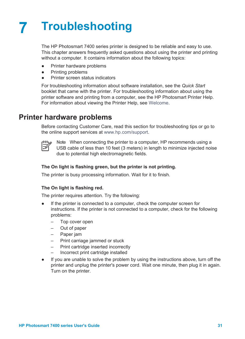 Troubleshooting, Printer hardware problems | HP Photosmart 7450 Photo Printer User Manual | Page 33 / 51