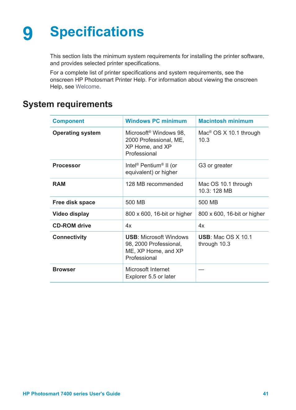 Specifications, System requirements | HP Photosmart 7450 Photo Printer User Manual | Page 43 / 51