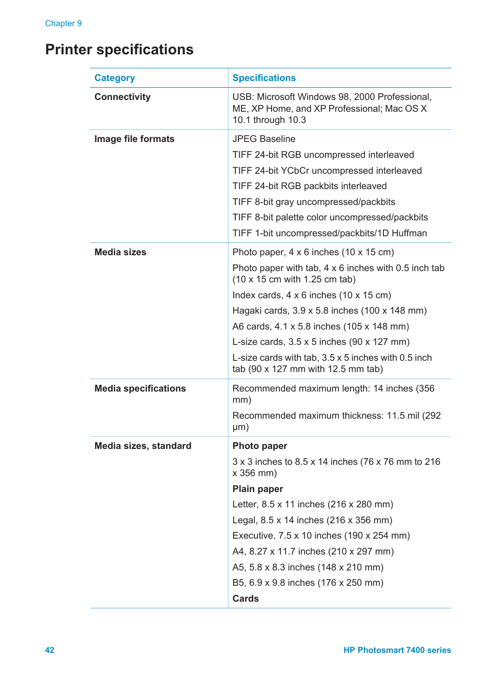 Printer specifications | HP Photosmart 7450 Photo Printer User Manual | Page 44 / 51