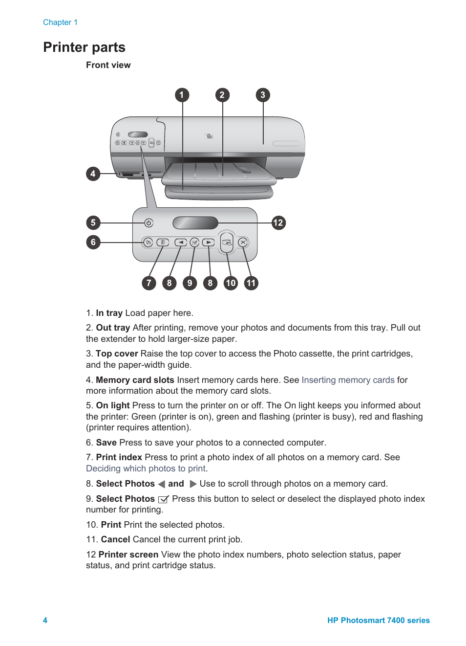 Printer parts | HP Photosmart 7450 Photo Printer User Manual | Page 6 / 51