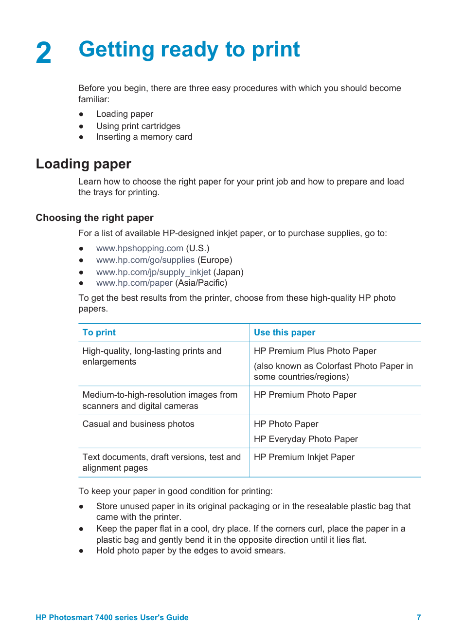 Getting ready to print, Loading paper, Choosing the right paper | HP Photosmart 7450 Photo Printer User Manual | Page 9 / 51