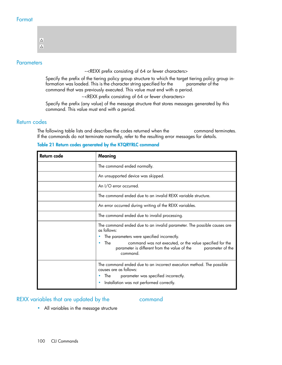 Return codes generated by the ktqryrlc command, Format, Parameters | Return codes | HP XP P9500 Storage User Manual | Page 100 / 240