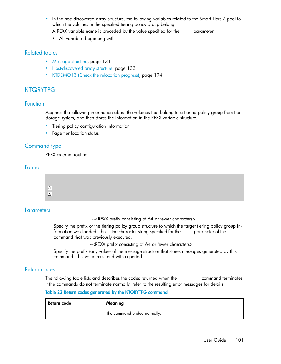 Ktqrytpg, Return codes generated by the ktqrytpg command | HP XP P9500 Storage User Manual | Page 101 / 240