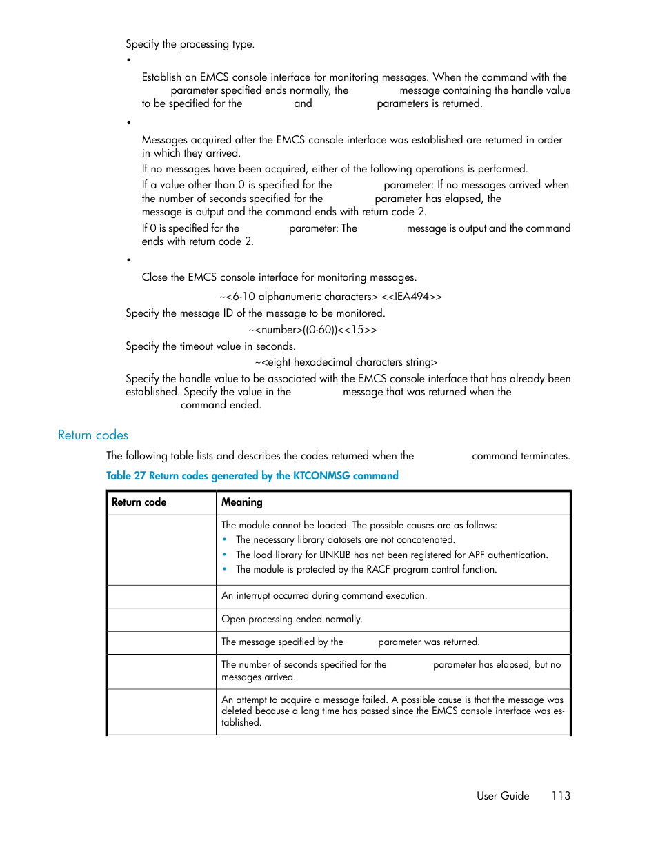 Return codes generated by the ktconmsg command | HP XP P9500 Storage User Manual | Page 113 / 240