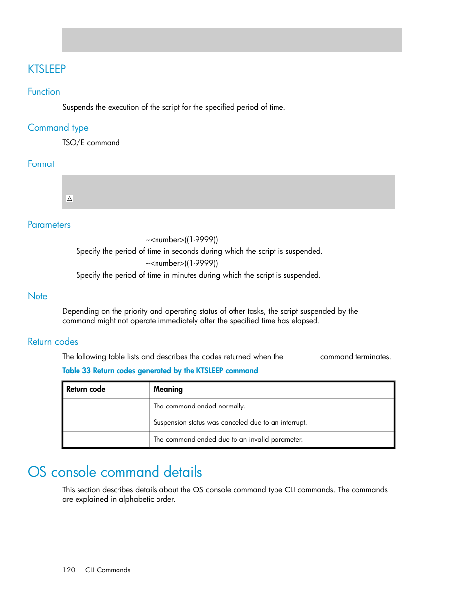 Ktsleep, Os console command details, Return codes generated by the ktsleep command | HP XP P9500 Storage User Manual | Page 120 / 240