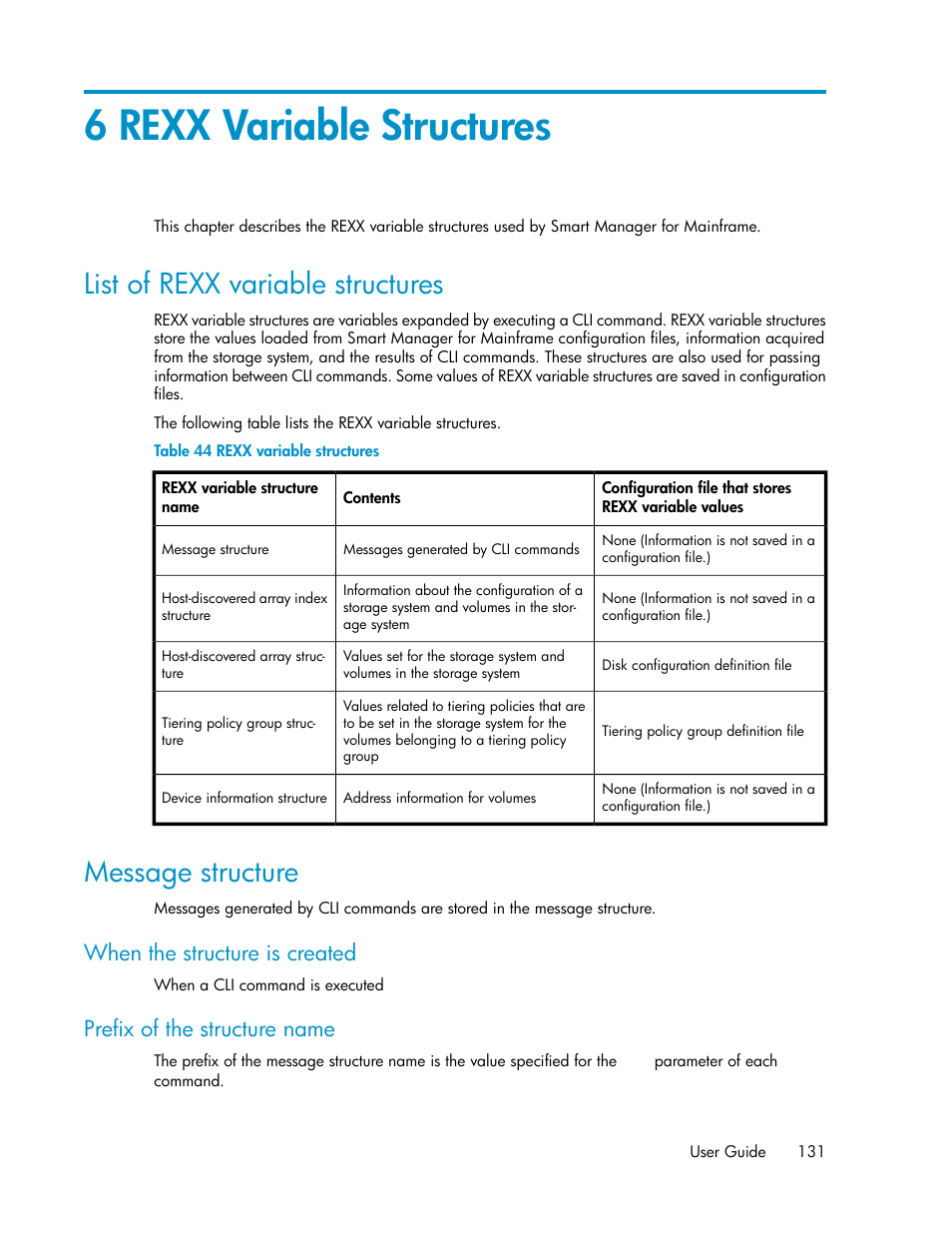 6 rexx variable structures, List of rexx variable structures, Message structure | 131 message structure, Rexx variable structures, When the structure is created, Prefix of the structure name | HP XP P9500 Storage User Manual | Page 131 / 240