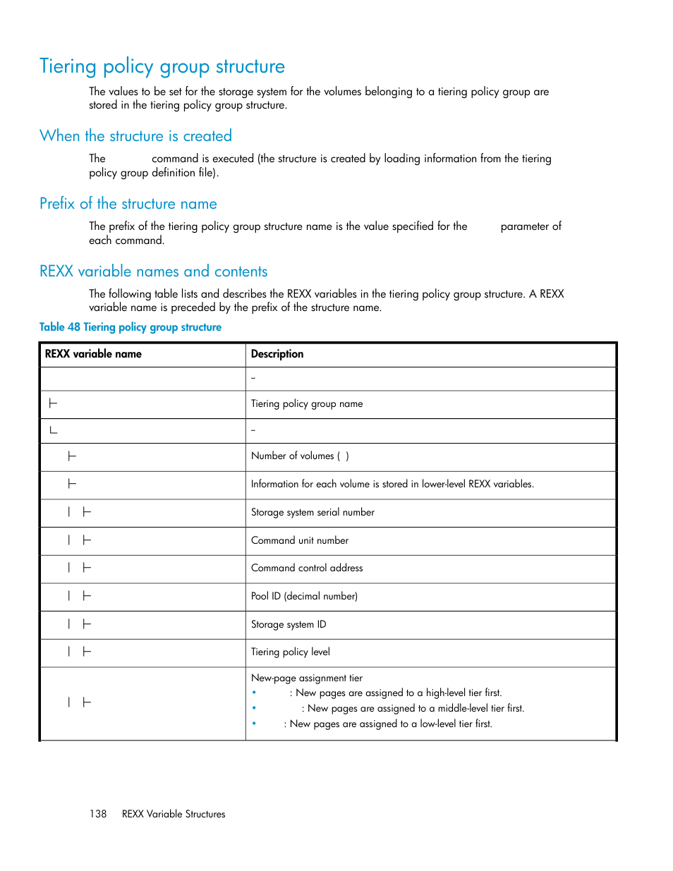 Tiering policy group structure, When the structure is created, Prefix of the structure name | Rexx variable names and contents | HP XP P9500 Storage User Manual | Page 138 / 240