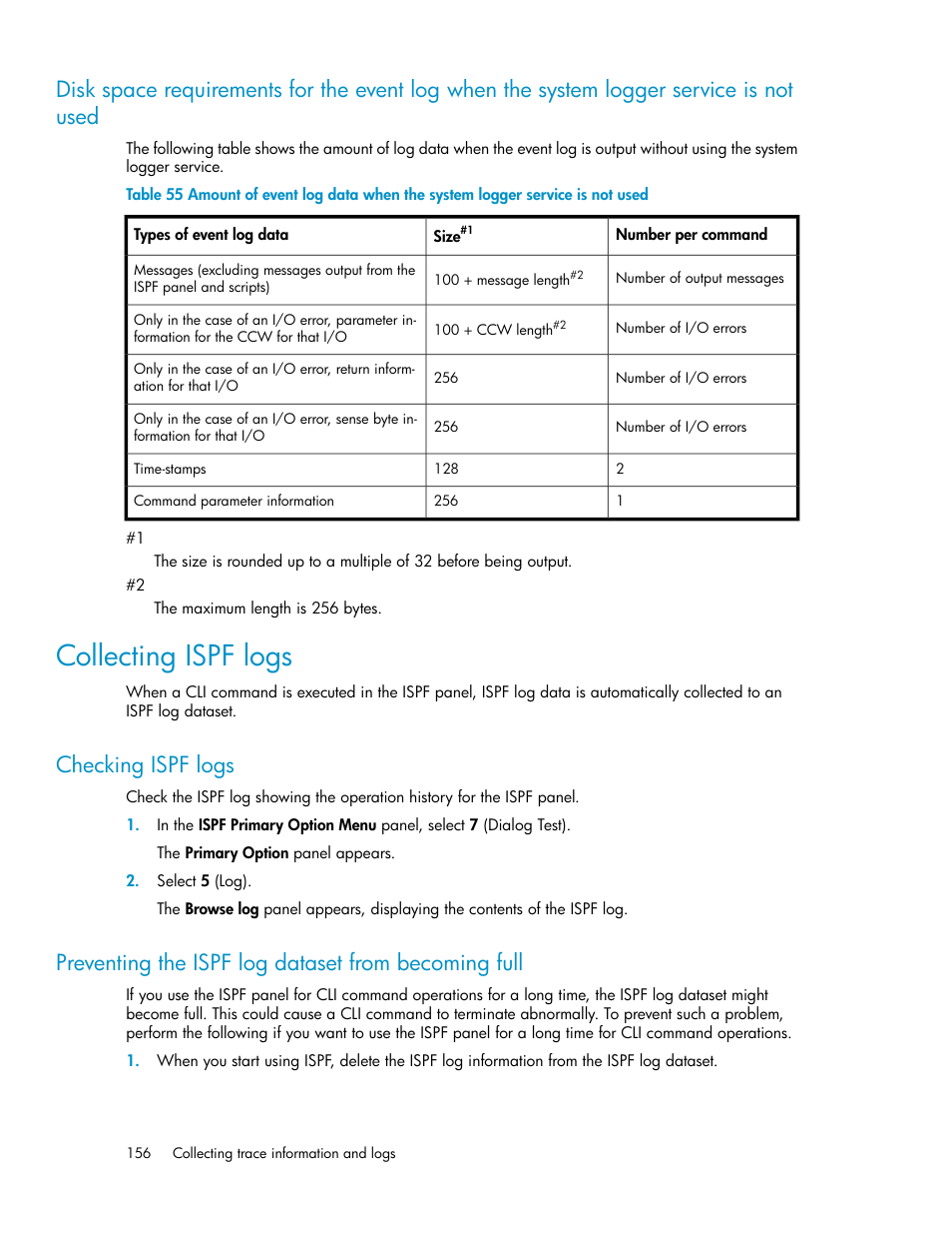 Collecting ispf logs, Checking ispf logs, Preventing the ispf log dataset from becoming full | HP XP P9500 Storage User Manual | Page 156 / 240