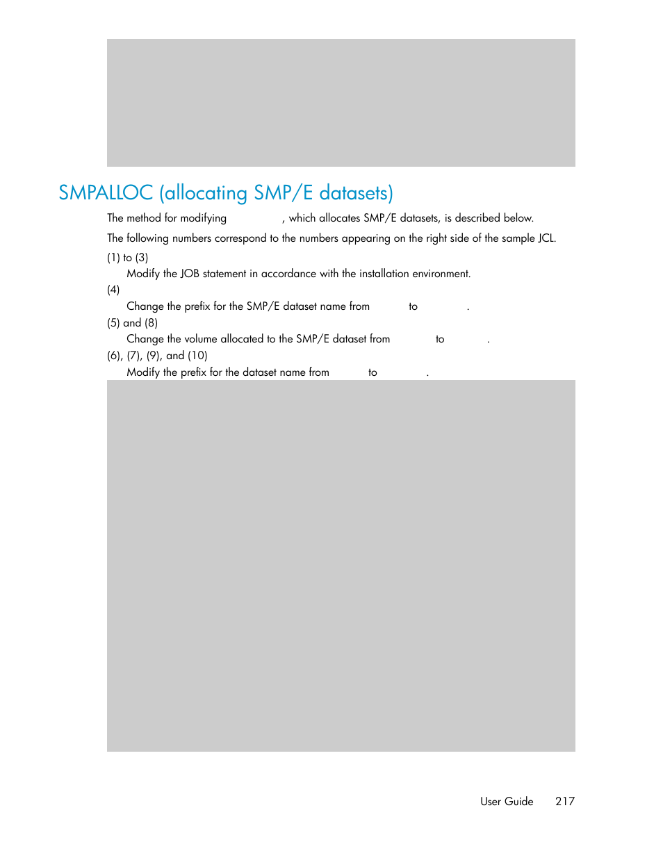 Smpalloc (allocating smp/e datasets) | HP XP P9500 Storage User Manual | Page 217 / 240