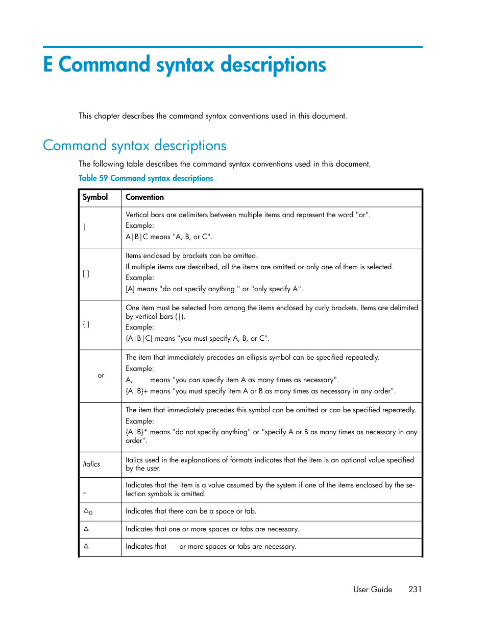 E command syntax descriptions, Command syntax descriptions | HP XP P9500 Storage User Manual | Page 231 / 240