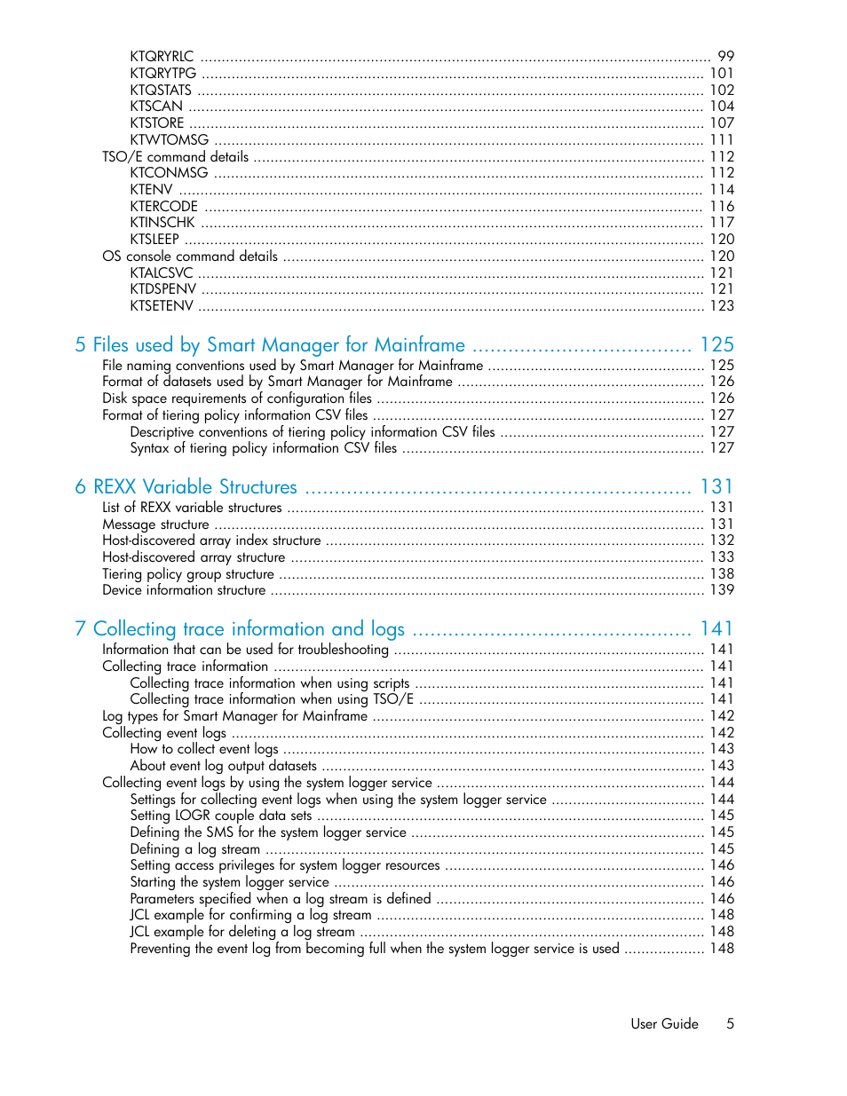 5 files used by smart manager for mainframe, 6 rexx variable structures, 7 collecting trace information and logs | HP XP P9500 Storage User Manual | Page 5 / 240