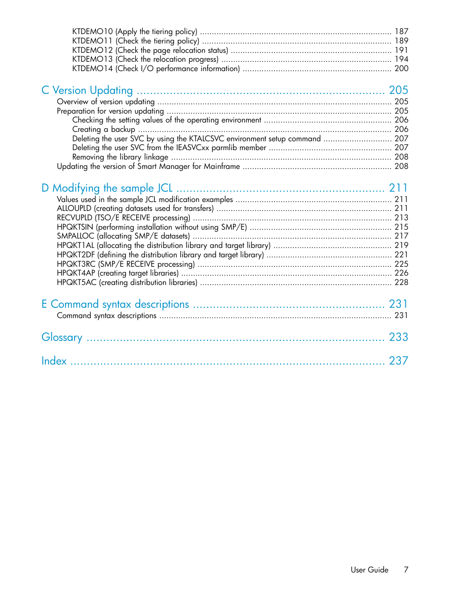 C version updating, D modifying the sample jcl, E command syntax descriptions | Glossary index | HP XP P9500 Storage User Manual | Page 7 / 240