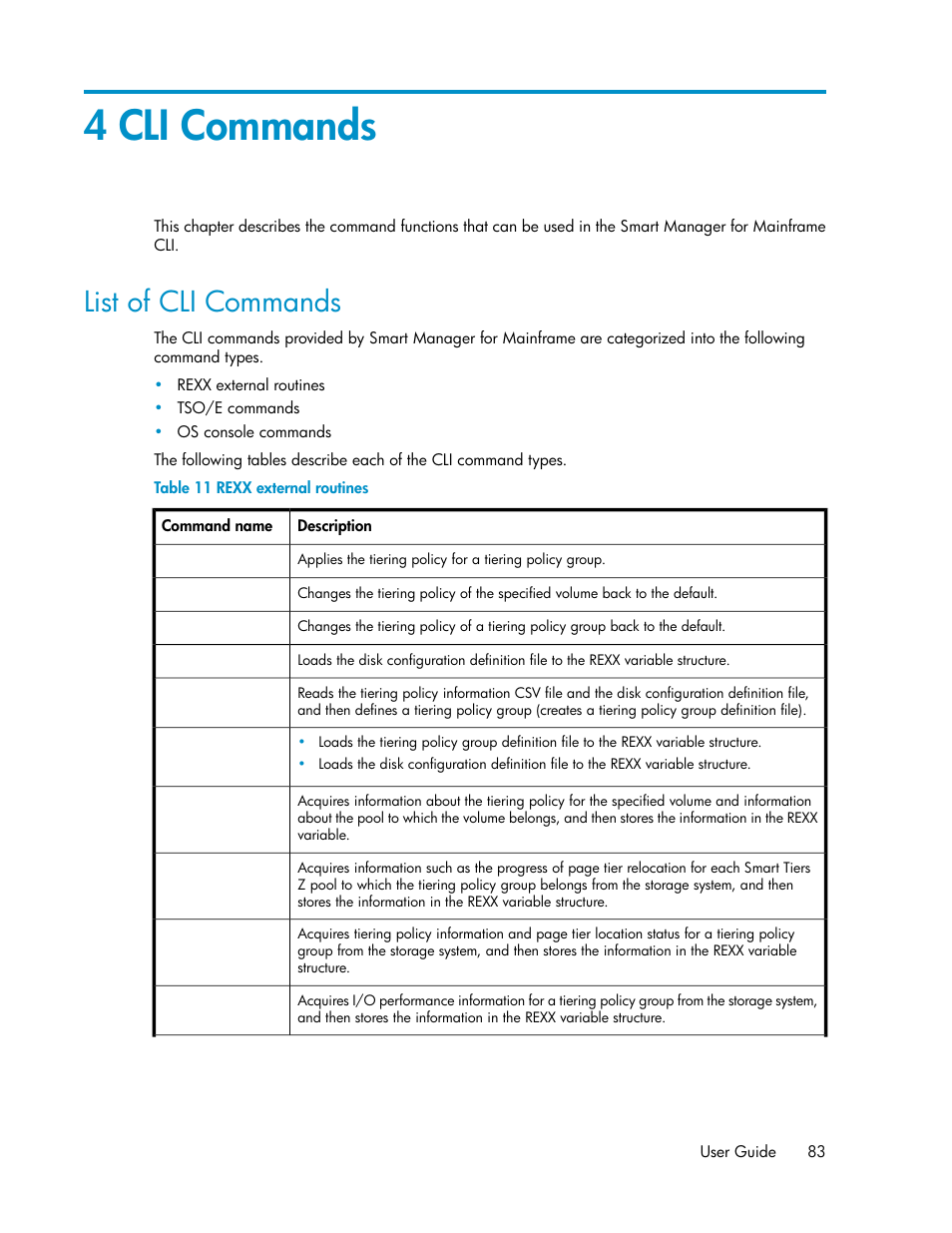 4 cli commands, List of cli commands, Rexx external routines | HP XP P9500 Storage User Manual | Page 83 / 240