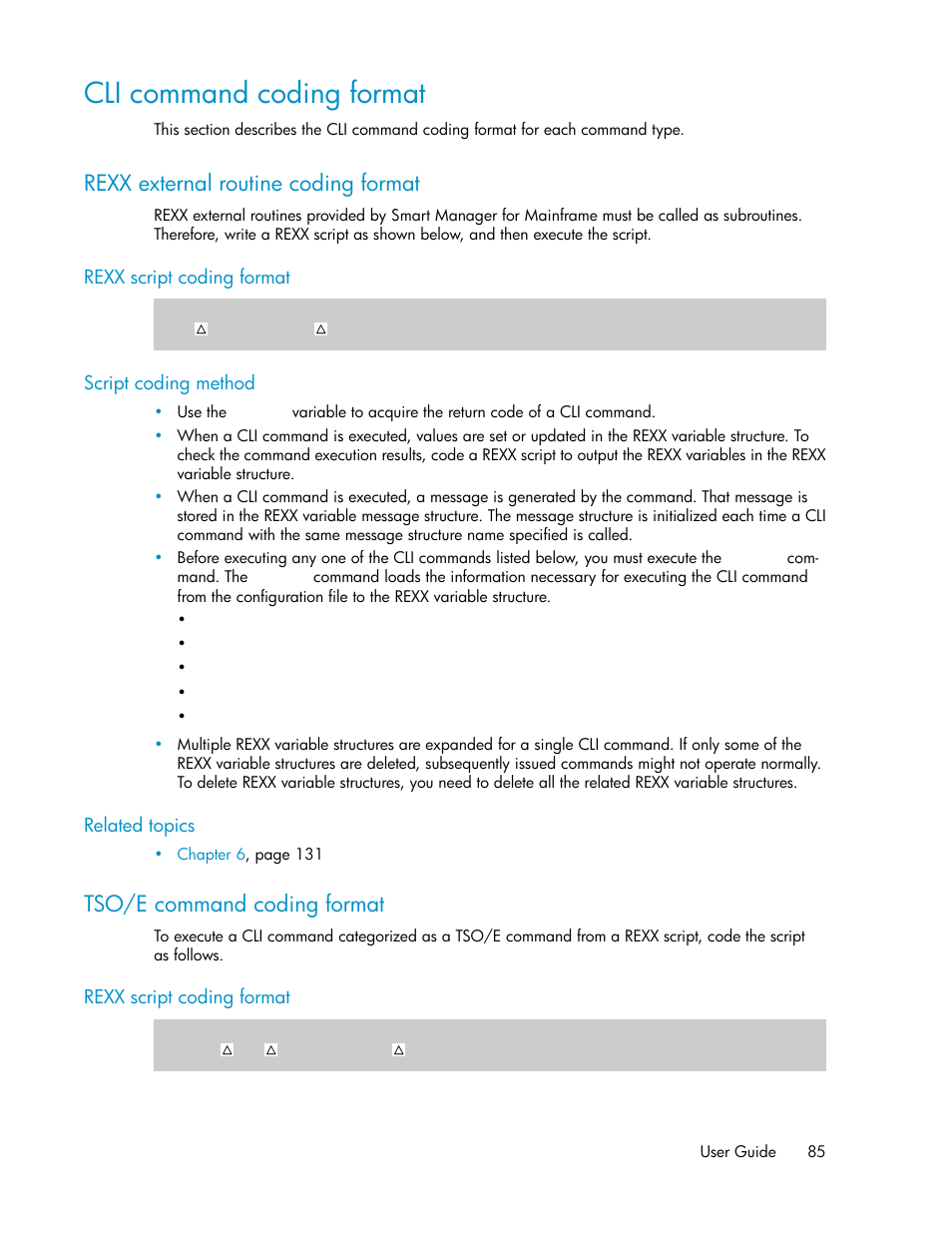 Cli command coding format, Rexx external routine coding format, Tso/e command coding format | 85 tso/e command coding format | HP XP P9500 Storage User Manual | Page 85 / 240