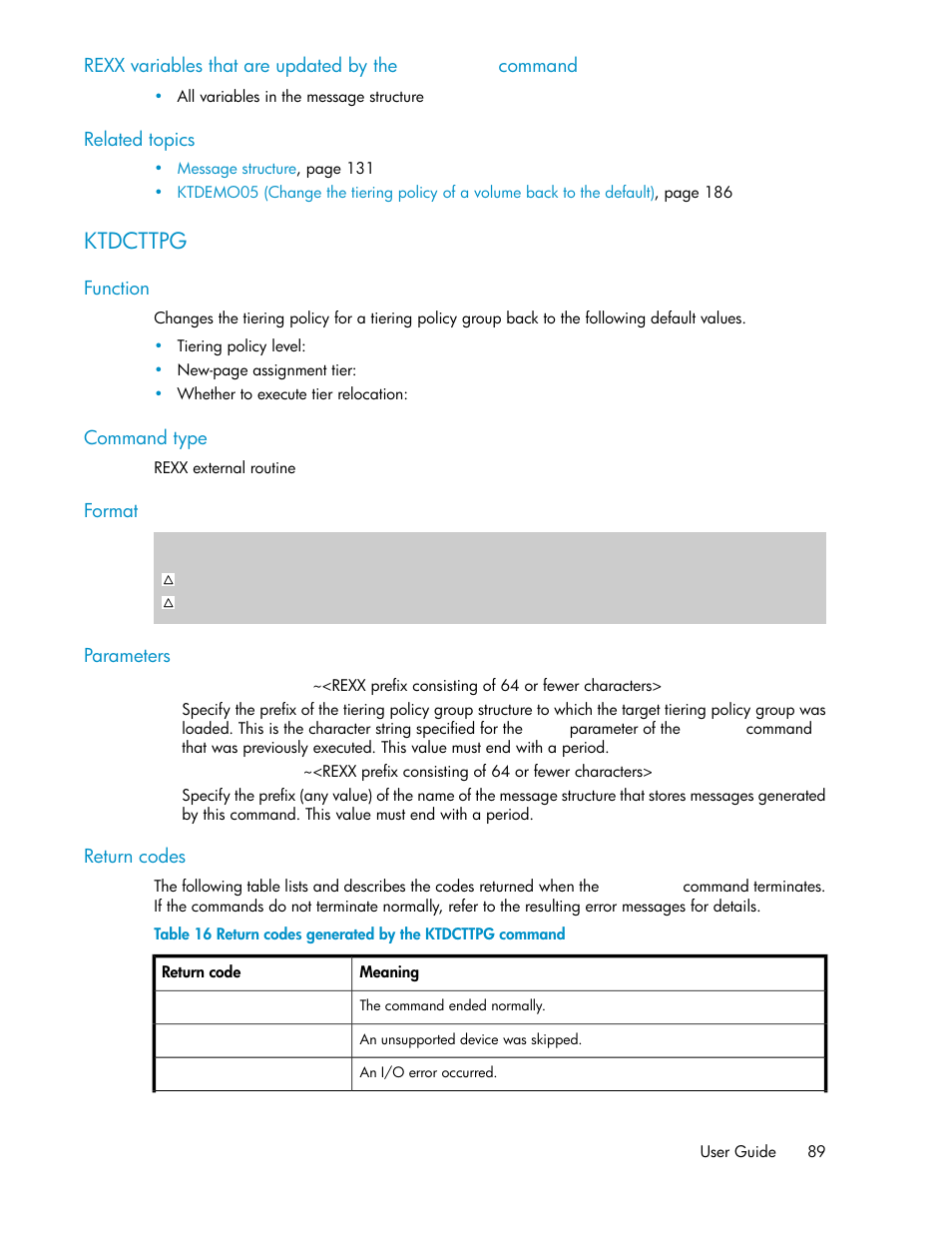 Ktdcttpg, Return codes generated by the ktdcttpg command | HP XP P9500 Storage User Manual | Page 89 / 240