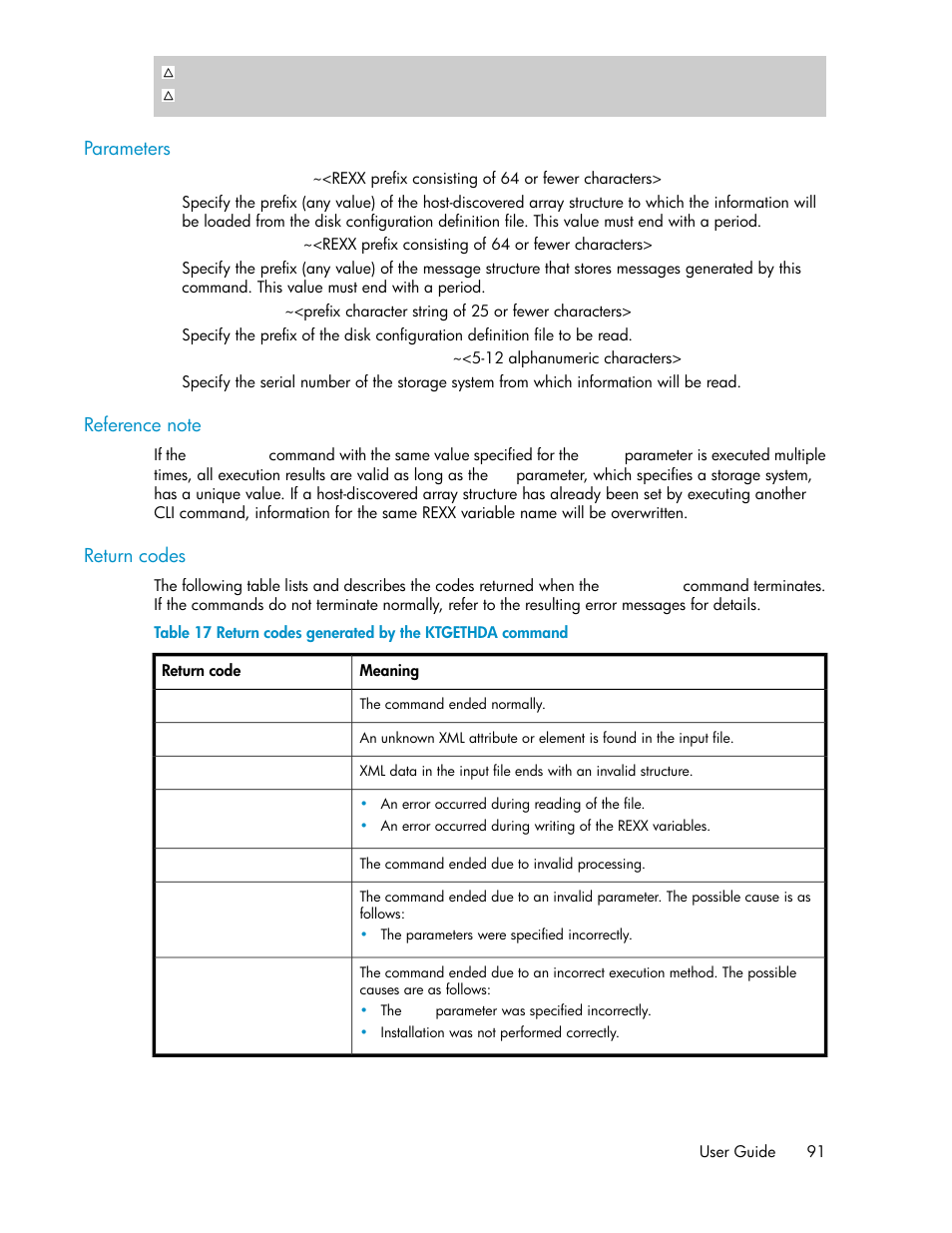 Return codes generated by the ktgethda command, Parameters, Return codes | HP XP P9500 Storage User Manual | Page 91 / 240