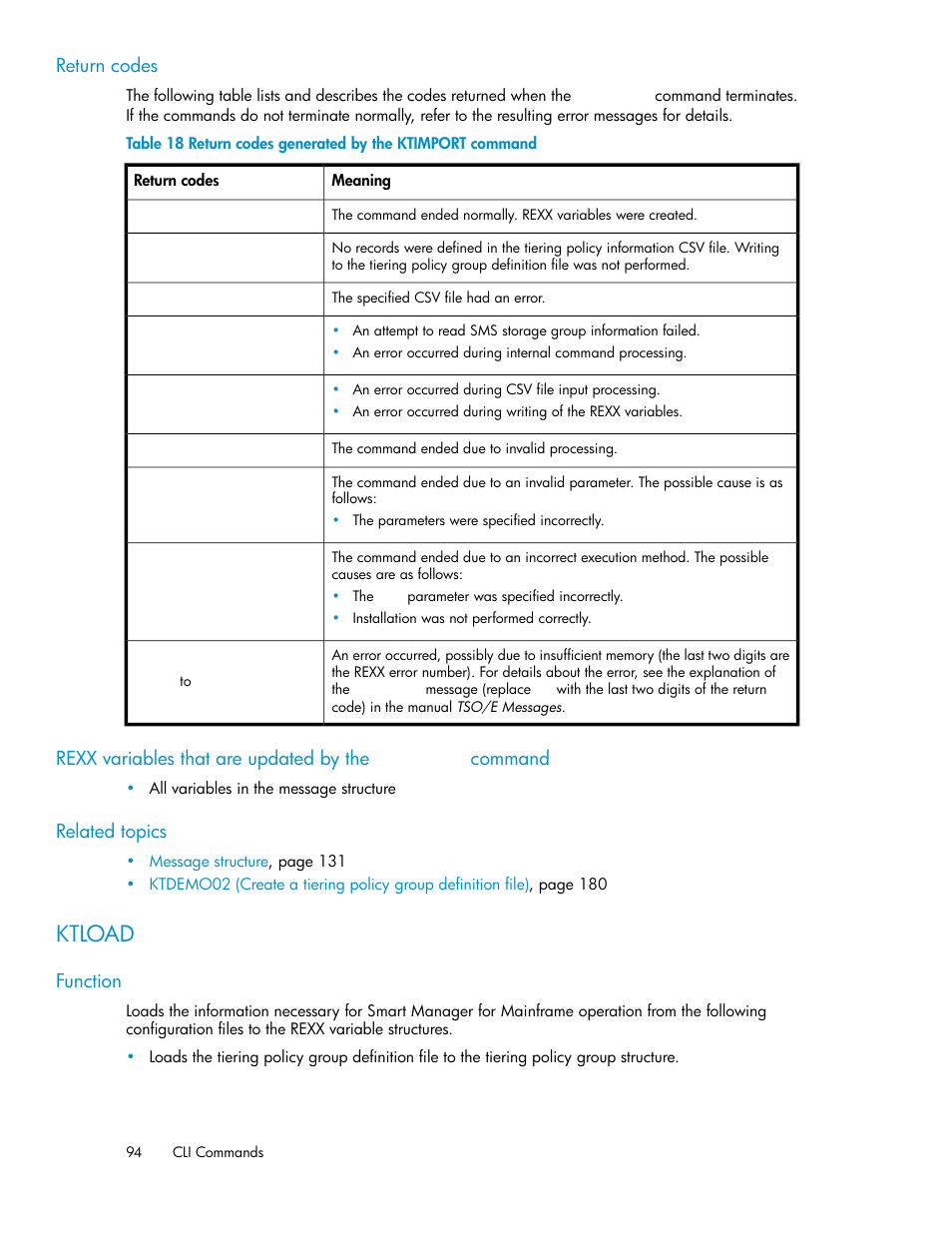 Ktload, Return codes generated by the ktimport command | HP XP P9500 Storage User Manual | Page 94 / 240