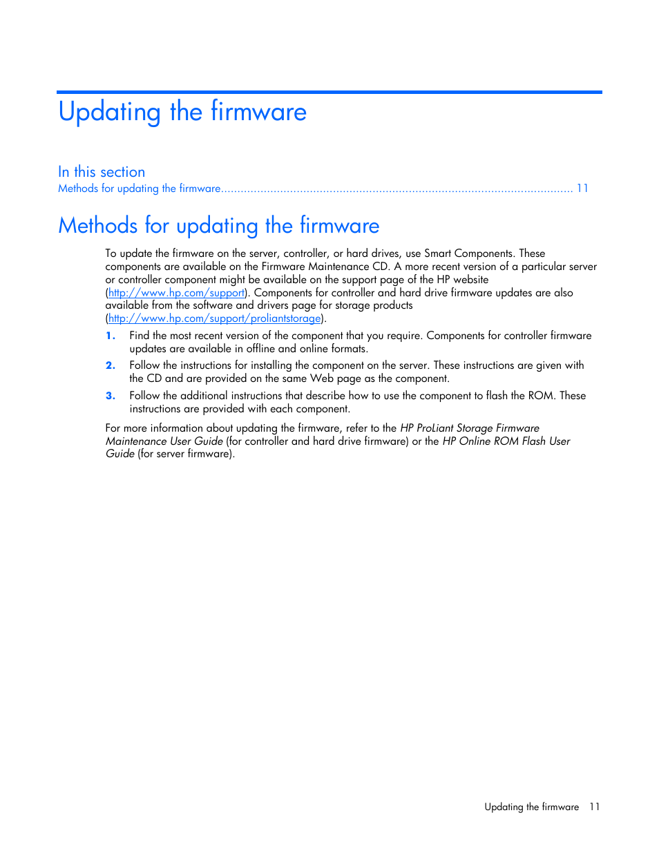 Updating the firmware, Methods for updating the firmware | HP Smart Array E200 Controller User Manual | Page 11 / 38