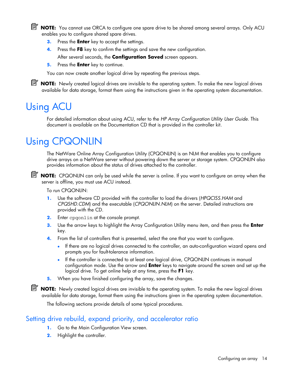 Using acu, Using cpqonlin, 14 using cpqonlin | HP Smart Array E200 Controller User Manual | Page 14 / 38