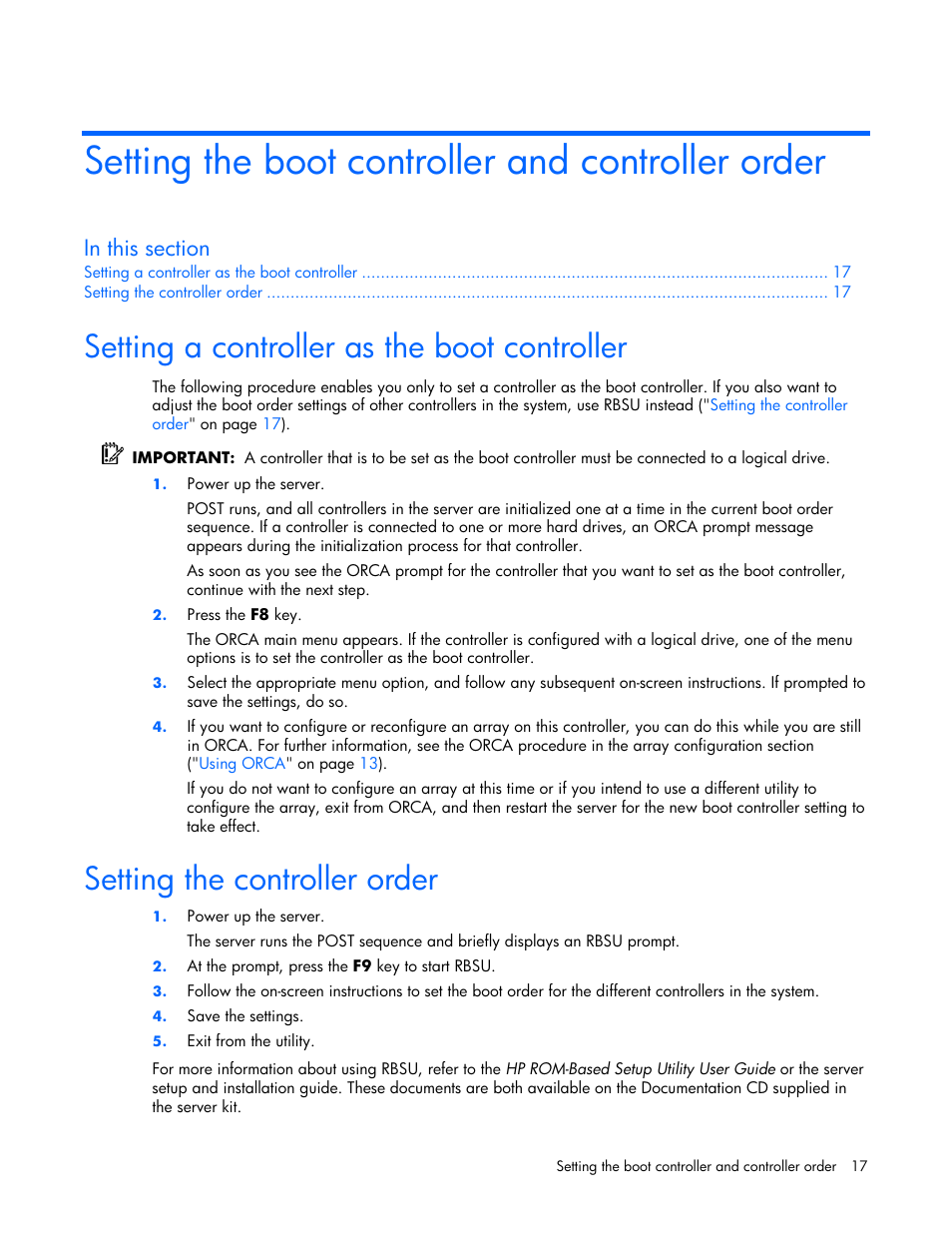 Setting the boot controller and controller order, Setting a controller as the boot controller, Setting the controller order | Or rbsu | HP Smart Array E200 Controller User Manual | Page 17 / 38