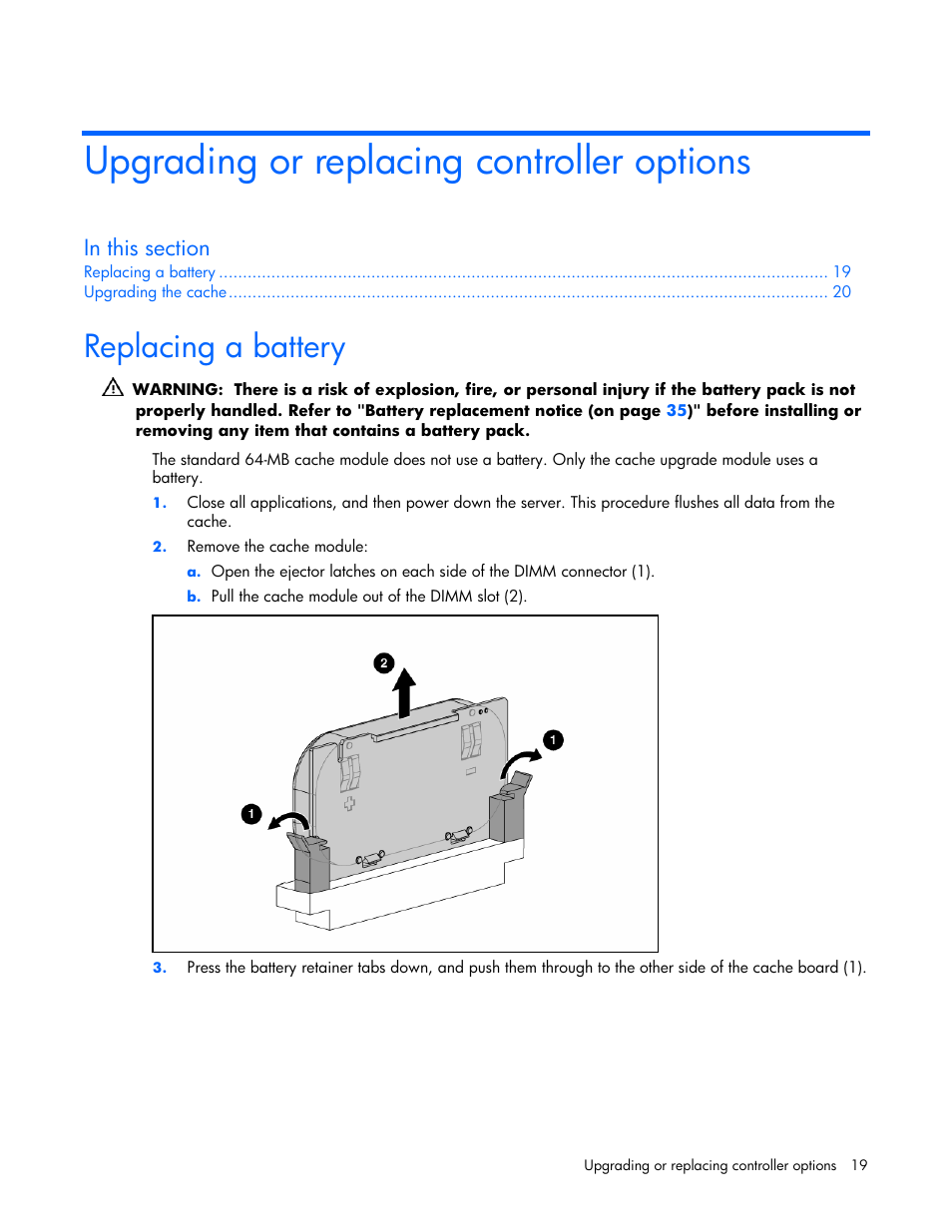 Upgrading or replacing controller options, Replacing a battery | HP Smart Array E200 Controller User Manual | Page 19 / 38