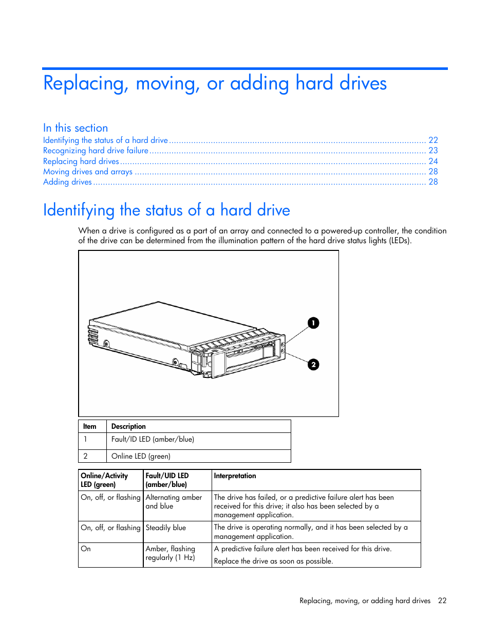 Replacing, moving, or adding hard drives, Identifying the status of a hard drive, And consu | HP Smart Array E200 Controller User Manual | Page 22 / 38