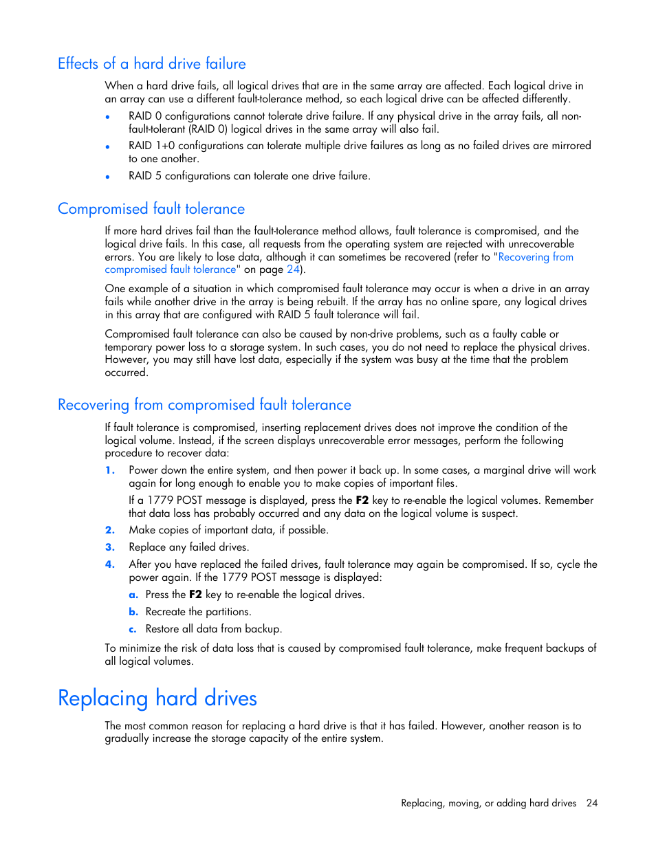 Effects of a hard drive failure, Compromised fault tolerance, Recovering from compromised fault tolerance | Replacing hard drives | HP Smart Array E200 Controller User Manual | Page 24 / 38