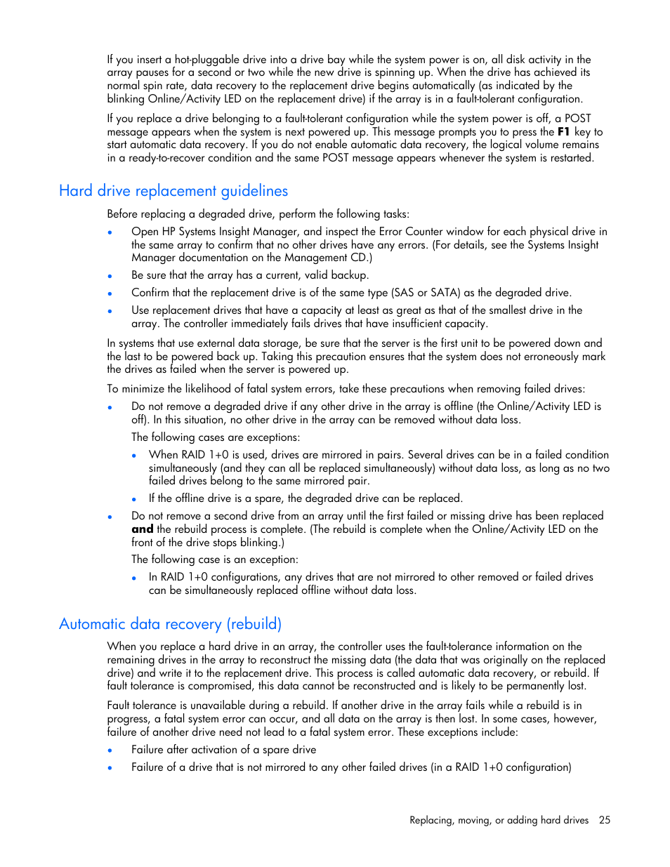 Hard drive replacement guidelines, Automatic data recovery (rebuild) | HP Smart Array E200 Controller User Manual | Page 25 / 38