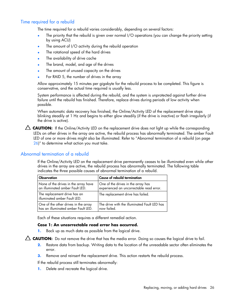 Time required for a rebuild, Abnormal termination of a rebuild | HP Smart Array E200 Controller User Manual | Page 26 / 38