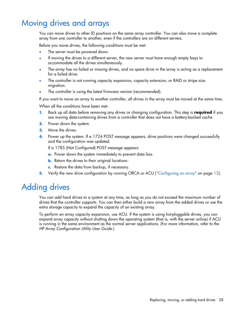 Moving drives and arrays, Adding drives, 28 adding drives | HP Smart Array E200 Controller User Manual | Page 28 / 38