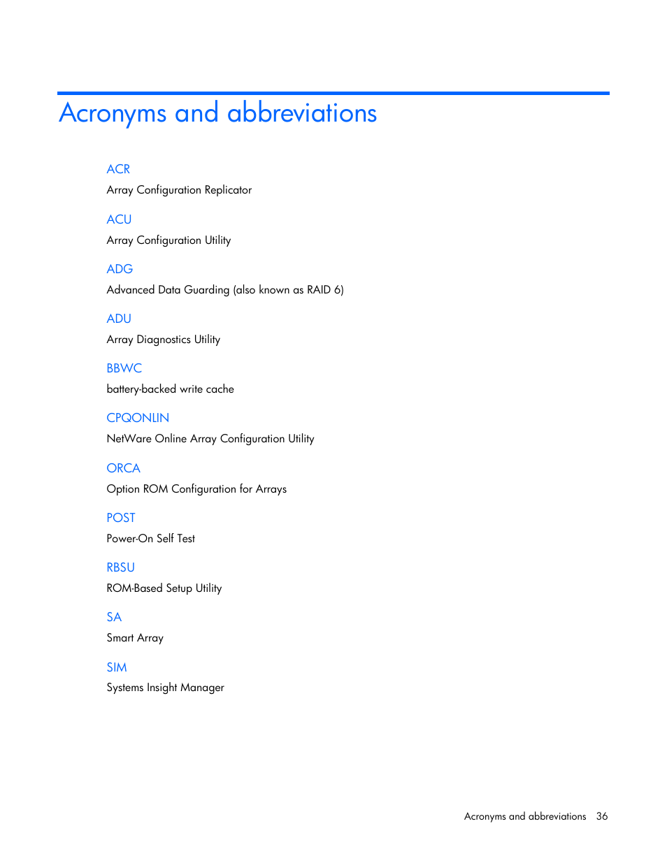 Acronyms and abbreviations | HP Smart Array E200 Controller User Manual | Page 36 / 38