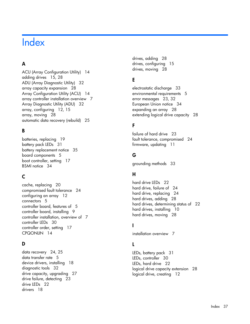 Index | HP Smart Array E200 Controller User Manual | Page 37 / 38