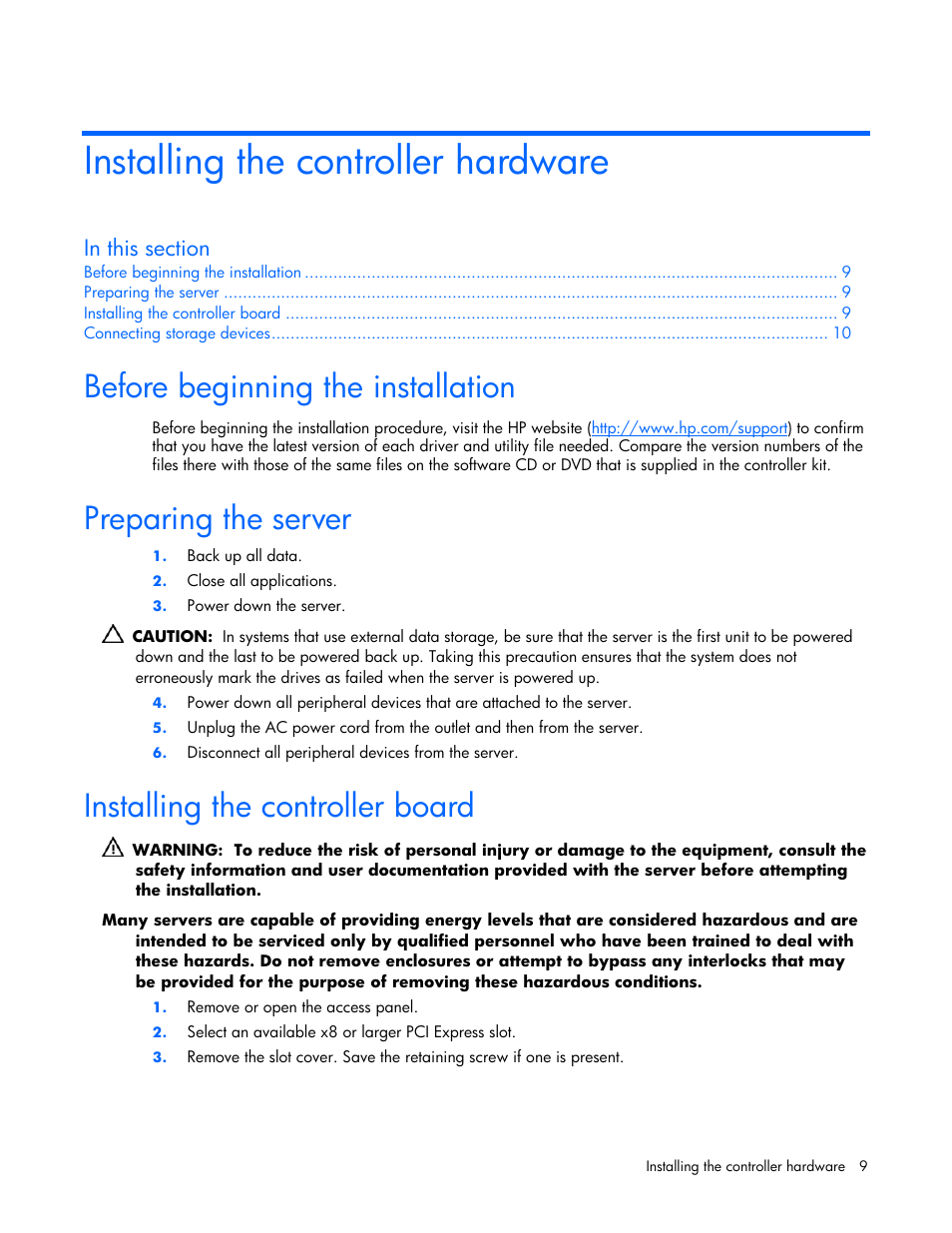 Installing the controller hardware, Before beginning the installation, Preparing the server | Installing the controller board | HP Smart Array E200 Controller User Manual | Page 9 / 38