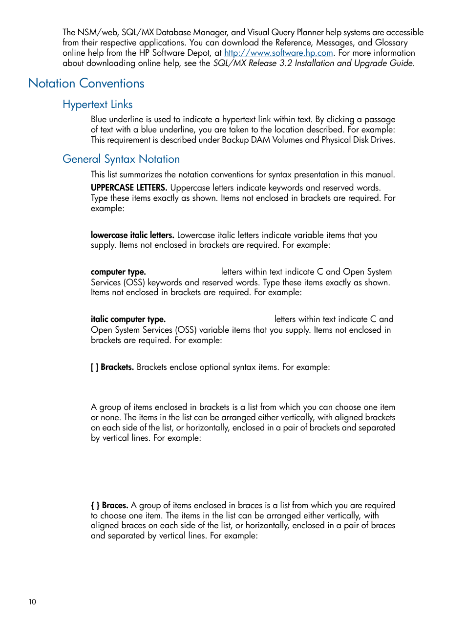 Notation conventions, Hypertext links, General syntax notation | HP Integrity NonStop J-Series User Manual | Page 10 / 110