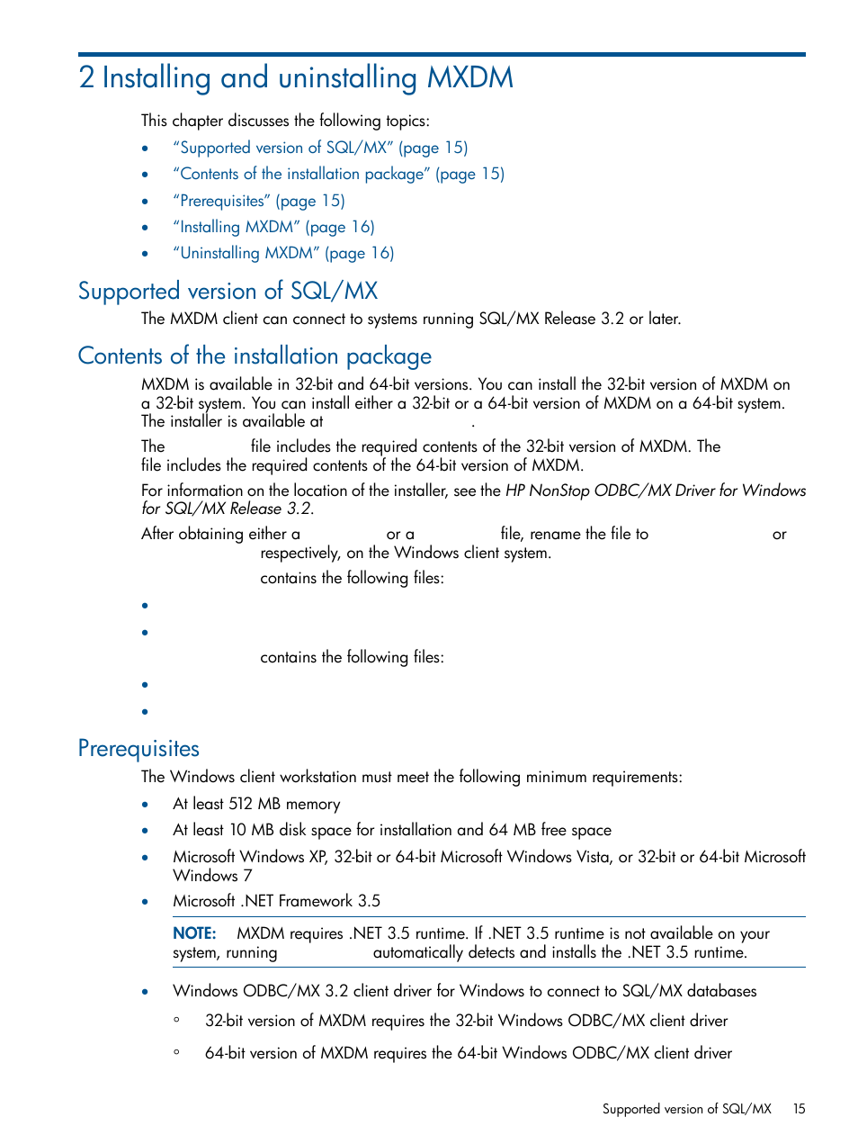 2 installing and uninstalling mxdm, Supported version of sql/mx, Contents of the installation package | Prerequisites | HP Integrity NonStop J-Series User Manual | Page 15 / 110